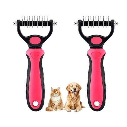 Dematting Comb for Dogs and Cats, Undercoat Rake Pet Brush for Long Hair, Deshedding Dog Brush Removes Tangles Knots and Loose Fur, Grooming Tool for Thick Coats (Pink M*2) - color: Pink M*2