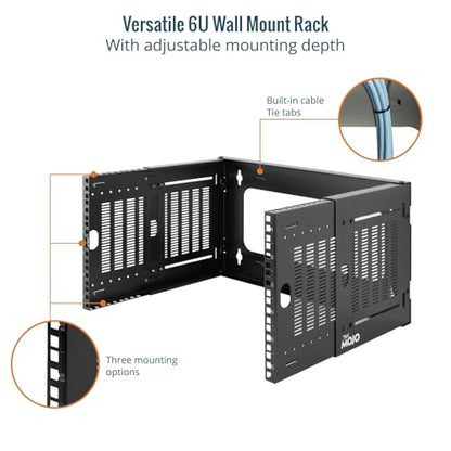 Tecmojo 6U Wall Mount Network Rack, 19" Open Frame Patch Panel Bracket with Adjustable Depth 9.7-15.9 in, Fits Shallow IT Equipments, 110 lbs Capacity, EIA-310 Compliant - size: 6U