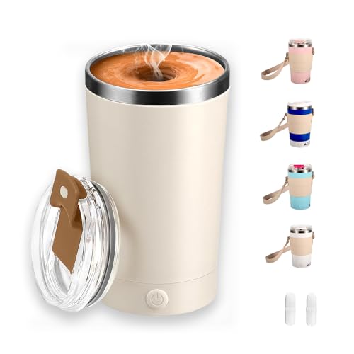 Self Stirring Mug with Lid, 13.5oz Magnetic Stirring Coffee Cup, Rechargeable 316 Stainless Steel, Auto-Mixing for Coffee, Milk, Protein Powder（Beige） - color: Beige