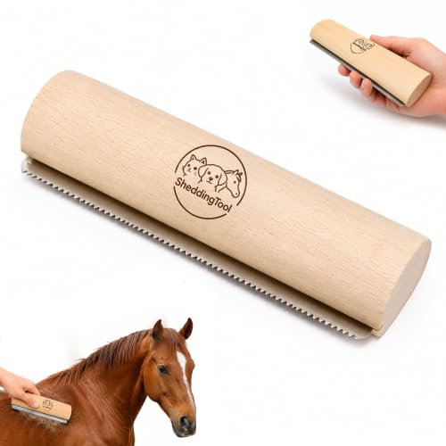 10 Inch Horse Grooming Shedding Tool with Wooden Handle, Stainless Steel Deshedding Comb for Horses, Dogs and Livestock, Pet Hair Removal Brush, Curry Comb, Coat Rake for Loose Hair, Dirt and Mud