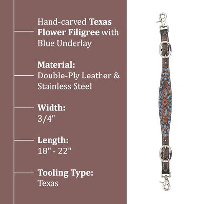 Circle Y Bronco Blue Texas Flower Adjustable Durable Leather Wither Strap with Turquoise & Brown Detailing, Rust-Resistant Hardware & Hand-Tooled Filigree | Horse Tack for Riding & Shows