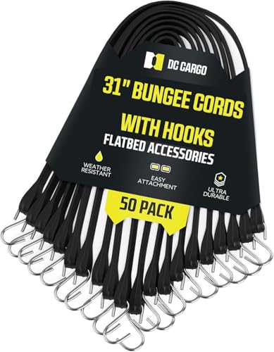 DC Cargo (Pack of 50) Tarp Straps for Flatbed Trailers, 31" Long Natural Rubber Bungee Cord Tie-Downs Ideal for Securing Tarps, Canvases, Cargo in Cold Climates | Tie-Downs w/Metal S-Hooks - size: 50