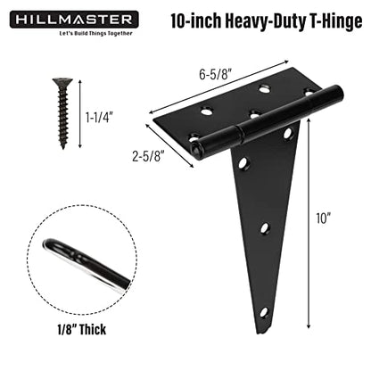 HILLMASTER 10 Inch T-Strap Heavy Duty Shed Door Hinges Gate Strap Hinges Black Tee Hinge Wrought Hardware for Wooden Fences,Yard,Barn Door,Rustproof (6 Pack) - size: 10in 6Pack