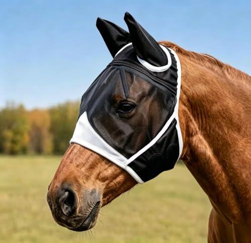 Horse Fly Mask, Breathable Large Eye Space with Ears for Summer Use | Ergonomic design ensures horse comfort. Insect-proof mesh brings clear vision and stable fit with soft thick anti-rub edging - color: Black, size: Medium