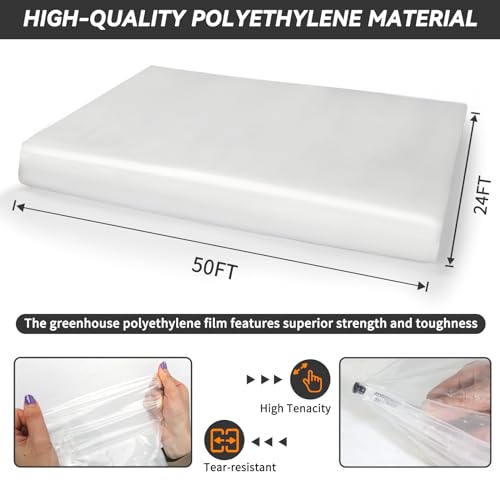 Greenhouse Plastic Sheeting 24' x 50' 6 Mil, Clear UV Resistant Heavy Duty Polyethylene Film, Thick Greenhouse Cover for Garden, Farm, Agriculture - size: 24x50 FT