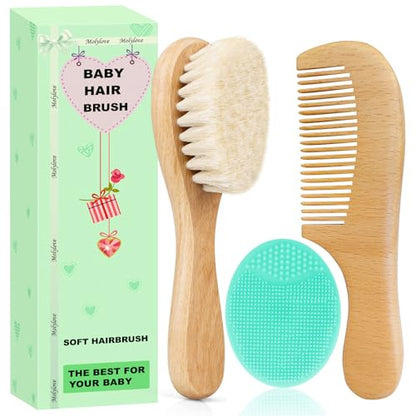 Baby Hair Brush with Wooden Handle and Comb Set for Newborns & Toddlers | Natural Soft Goat Bristles l Wood Comb l Green Cradle Cap Brush | Ideal for Cradle Cap (3 Piece) - color: Green Silicone Brush (3pcs)