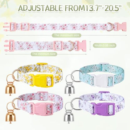 4 Pack Goat Collars with Bells Set, Adjustable Floral Pattern Nylon Sheep Collar, Loud Metal Grazing Bell, Quick Release Buckle for Lambs, Small Farm Animals, Herd ID, Pasture Tracking - style: Flower