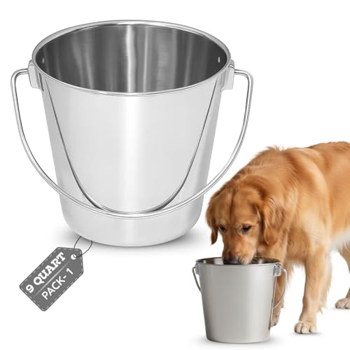 9 quart Heavy Duty Stainless Steel Round Bucket with Handle | 2.25 gal Sturdy Food & Water Bowl for XL Dog Goat sheep Horse & Livestock | Fits kennel Crate Farm | Hanging Utility Pet Pail - size: 9 Quarts