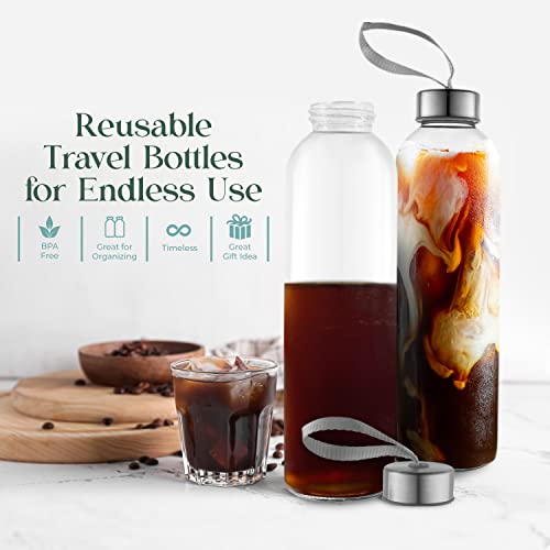 Kitchen Lux 18oz Glass Water Bottles – Pack of 12 Nylon Protective Sleeves, Airtight Screw Top Lids, Portable Carrying Loops - Lead, PVC and BPA Free - Water, Milk, Smoothie, Juice Beverage Glasses