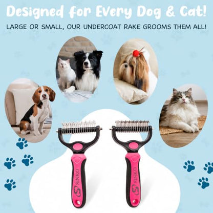 Sinko Shedding Brush For Dog and Cat, Undercoat Rake with Extra Wide Double-Sided Stainless Teeth for Detangling, Deshedding, Brushing & Removing Shed Fur, Knots, Mats, and Tangles in Pets (Pink) - color: Pink