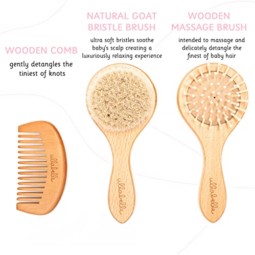 Ullabelle 3 Piece Wooden Baby Hair Brush and Comb Set for Newborns & Toddlers in Chic Gift Box - Ultra Soft Natural Goat Hair and Wood Baby Brush Set Prevents Cradle Cap - Perfect Registry Gift (Sage) - color: Sage