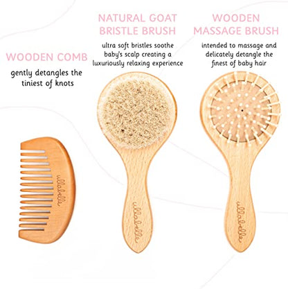 Ullabelle 3 Piece Wooden Baby Hair Brush and Comb Set for Newborns & Toddlers in Chic Gift Box - Ultra Soft Natural Goat Hair and Wood Baby Brush Set Prevents Cradle Cap - Perfect Registry Gift (Sage) - color: Sage