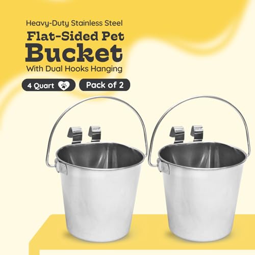 4 Quart Stainless Steel Flat Sided Bucket with Dual Hooks | 2 Pcs Durable Food & Water Bowl for Dogs Cats Goat & Livestock | Fits kennel Cage Critter Crate Hanging Pet Pail | Multipurpose - size: 4 Quart (Pack of 2)
