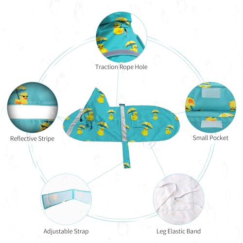 NACOCO Large Dog Raincoat Adjustable - Pet Rubber Ducks Yellow Water Proof Clothes Lightweight Rain Jacket Poncho Hoodies with Strip Reflective Pink (Lake Green M, Sunglass Duck) - color: Lake Green, size: Medium (Pack of 1)