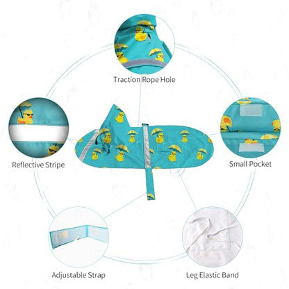NACOCO Large Dog Raincoat Adjustable - Pet Rubber Ducks Yellow Water Proof Clothes Lightweight Rain Jacket Poncho Hoodies with Strip Reflective Pink (Lake Green M, Sunglass Duck) - color: Lake Green, size: Medium (Pack of 1)
