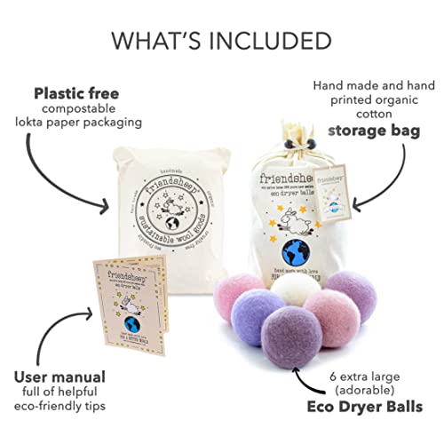 Friendsheep Wool Dryer Balls, Organic Reusable Fabric Softener Alternative for Laundry, Handmade, Fair Trade, Hypoallergenic, Eco-Friendly, Plastic-Free (6 Pack XL - Lavender Bliss) | Reusable fabric softener alternative Organic wool, handmade, fair trade