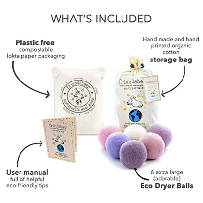 Friendsheep Wool Dryer Balls, Organic Reusable Fabric Softener Alternative for Laundry, Handmade, Fair Trade, Hypoallergenic, Eco-Friendly, Plastic-Free (6 Pack XL - Lavender Bliss) | Reusable fabric softener alternative Organic wool, handmade, fair trade