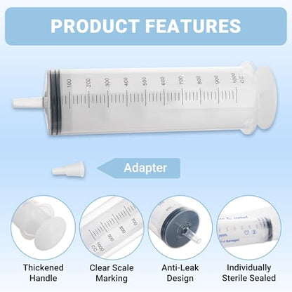 1000ml Large Syringe, Epoxy Plastic Syringes for Liquids with Tip Adapter | Large Syringe for Scientific Labs, Measuring, Watering, Refilling, Filtration, Plants, Multiple Uses, Individually Sealed - style: 1000 ML