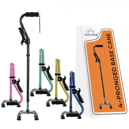 Walking Cane with 4 Prongs and Extra Side Handle – Adjustable, for Balance & Stability for Adults, Seniors, and Injured. - color: Black