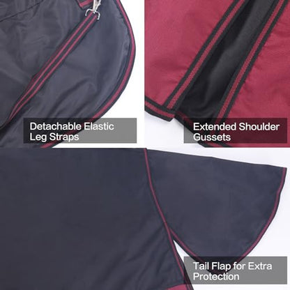 1200D Horse Blanket, 0g No-Fill Waterproof Turnout Rain Sheet | 1200D Ripstop Outer, Waterproof Breathable Shell, Anti-Rub Lining, 0g No-Fill, Keep Dry in Mud & Wet Weather, Large Tail Flap - color: Black Wine, size: 72"