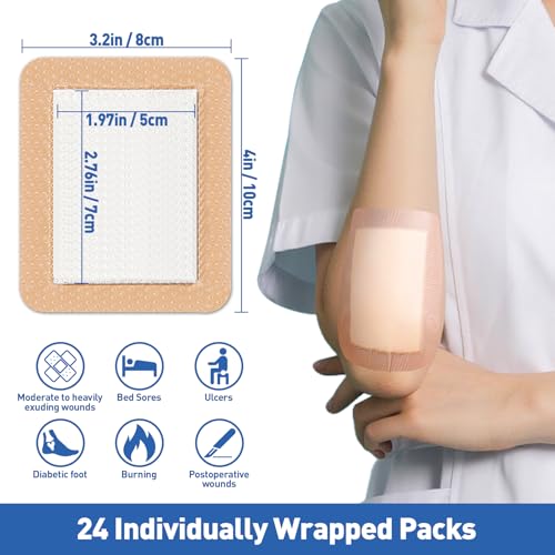 AZEN 24 Pack Silicone Foam Dressing, 3.2" X 4" Waterproof Silicone Bandages with Border Adhesive, Large Bandages for Wounds, Self Adhesive Wound Care and Dressings - color: 24p