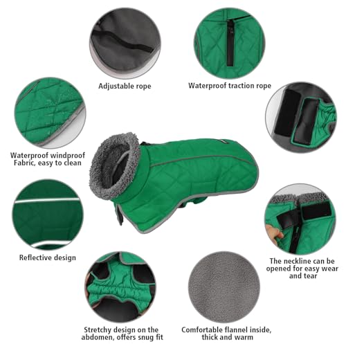 Fragralley Dog Coat Small, Waterproof Dog Jacket with Warm Fleece Lining, Adjustable Reflective Dogs Winter Coat, Turtleneck Pet Coats for Cold Weather (Green S) - color: Green, size: Small