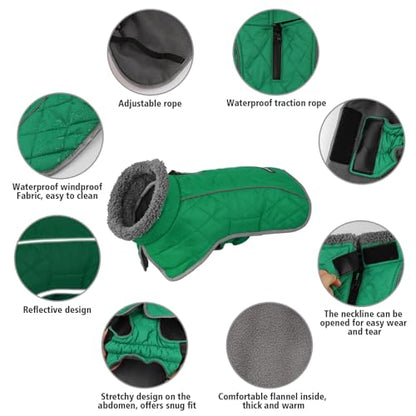 Fragralley Dog Coat Large, Waterproof Dog Jacket with Warm Fleece Lining, Adjustable Reflective Dogs Winter Coat, Turtleneck Pet Coats for Cold Weather (Green L) - color: Green, size: Large