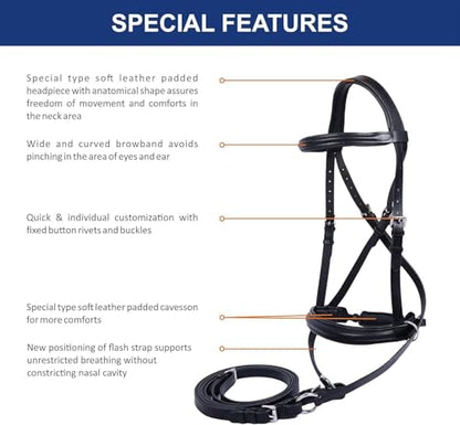 Hulara Genuine English Leather Crossover | Crossunder Bitless Horse Bridle Headstall with Reins - color: Black, size: Cob