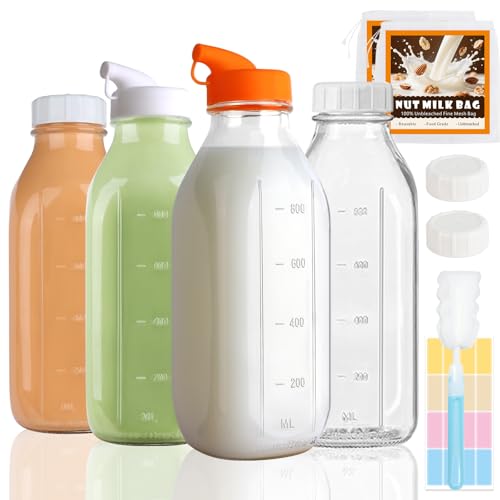 32 oz Glass Milk Bottles 4 Pack Quart Refrigerator Water Container | Reusable Juice Pitchers with Nut Milk Bag & 2 Airtight Lids & 2 Pour Spout & Brush, Drinking Jars for Coffee Smoothie