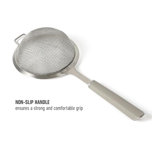Calphalon Edge Stainless Steel Mesh Strainer with Thermoplastic Rubber Handle, Fine Kitchen Sieve for Draining, Rinsing, Sifting & Food Prep Tasks, Taupe - color: Taupe w/ Rubber Handl (Edge - Strainer)