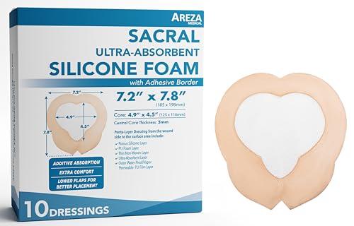 Areza Medical - Silicone Foam with Super-Absorbent Layer - Wound Dressing - Waterproof - with Adhesive Border - Sterile - Designed for Sacral Wounds - 7.2" x 7.8" - 10 PCS per Box - size: 7.2" x 7.8" - 10 PCS