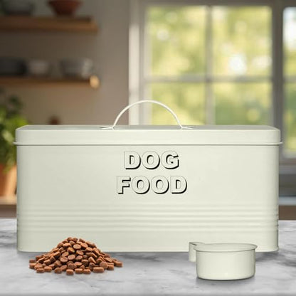 Plexon Metal Dog Food Storage Container with Scoop - Small Dog Food Container 10lbs Holder Treat Jar Bin with Lid - Pet Chow Storage Canister Tin, 2 Gallon, Off-White - color: Off-white, 2 Gall Capacity