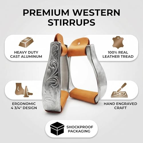 Western Horse Stirrups Heavy Duty Cast Aluminum 4.9" Hand Engraved Polished Real Leather Tread for Equestrian Riding, Brown/Black - color: Brown