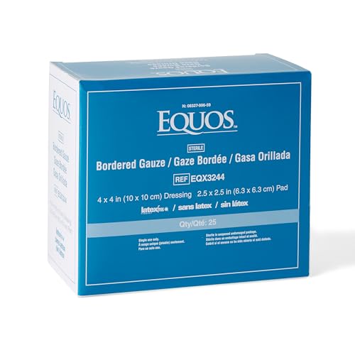 EQUOS Bordered Gauze Island Dressing, 25 Count, 4" x 4" Sterile Individually Wrapped Gauze Pads with Soaker Pad and Non-Woven Backing, Soft and Breathable Wound Dressing for First Aid and Medical
