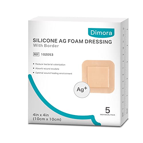 Dimora Silicone Foam Dressing Silver Ag Sterile Wound Bandage with Gentle Silicone Adhesive Border 4"x 4" Waterproof Breathable Ultra Absorbent Pads - size: 4" x 4" Ag(5 PCS)