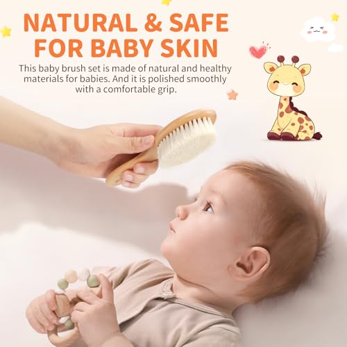 4 Pack Wooden Baby Hair Brush Set, Baby Brush and Comb Set with Soft Goat Bristle, Cradle Cap Brush for Newborns & Toddlers, Perfect Baby Registry Gift