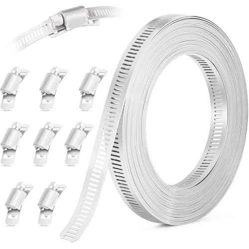 OURU 10FT Hose Clamps,304 Stainless Steel Hose Clamp Assortment Kit DIY Metal Strapping with Holes+8 Fasteners,Adjustable Worm Gear Large Hose Clamps Metal Band Screw Clamp Straps for Pipe,Duct,Tube - size: 10FT Metal Strapping+8 Fasteners