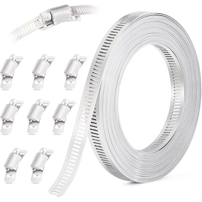 OURU 10FT Hose Clamps,304 Stainless Steel Hose Clamp Assortment Kit DIY Metal Strapping with Holes+8 Fasteners,Adjustable Worm Gear Large Hose Clamps Metal Band Screw Clamp Straps for Pipe,Duct,Tube - size: 10FT Metal Strapping+8 Fasteners