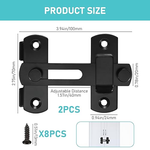 2pcs 180° Degree Flip Sliding Barn Door Locks and Latches, Sliding Barn Door Locks, Black Gate Latch Bolt Buckle Lock for Barn Door, Pet Door, Bathroom, Garage, Window, Sliding Door Lock - size: 4INCH-2PCS