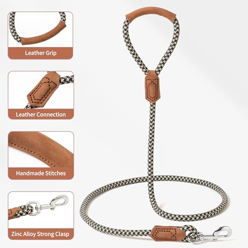 Mile High Life Dog Leash with Genuine Leather-Wrapped Ends/Handle, 4/5/6FT - color: Khaki Black, size: 48 Inch-1/2"