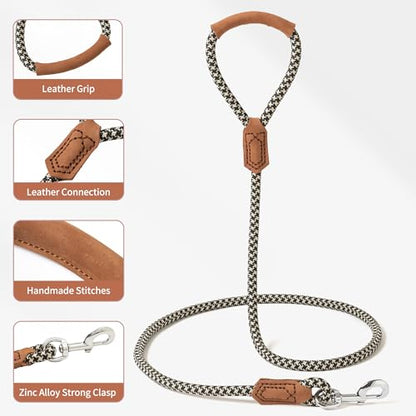 Mile High Life Dog Leash with Genuine Leather-Wrapped Ends/Handle, 4/5/6FT - color: Khaki Black, size: 48 Inch-1/2"
