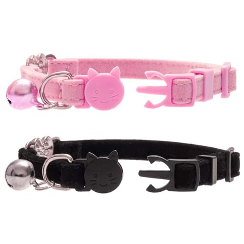 BINGPET Cat Collar Breakaway with Bell, Bling Kitten Collar,Pink&Black - color: Heart (Pink + Black)-2pcs