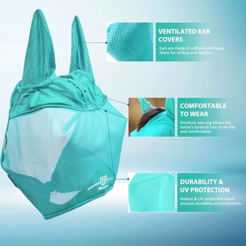 Harrison Howard UV-Proof Multi-Function Fabrics Thick Fleece Padding Horse Fly Mask Half Face with Ears Mint Arabian Medium - color: mint, size: Medium (Arabian)