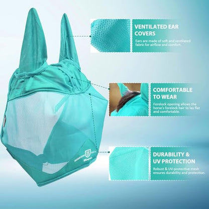 Harrison Howard UV-Proof Multi-Function Fabrics Thick Fleece Padding Horse Fly Mask Half Face with Ears Mint Yearling Small - color: mint, size: Small (Yearling)