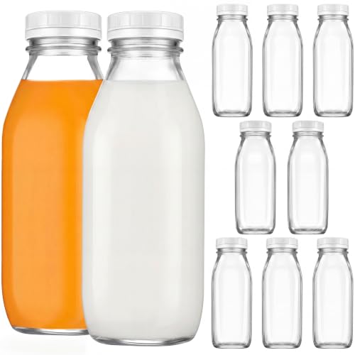 Suclain 10 Pack 16 oz Glass Milk Bottles with Lids, Clear Reusable Milk Containers, 100% Airtight Juice Water Bottles for Refrigerator Storage, Smoothies, Cold Brew, Honey, Oats, Tea, Kitchen Beverage