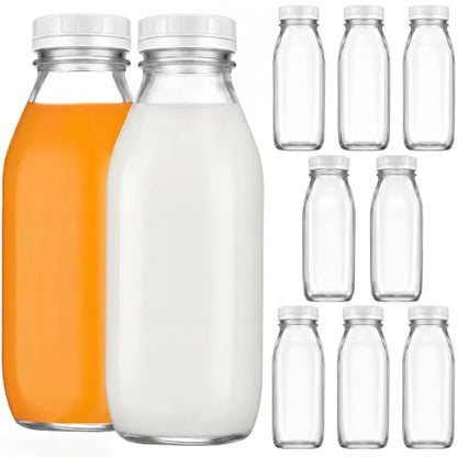 Suclain 10 Pack 16 oz Glass Milk Bottles with Lids, Clear Reusable Milk Containers, 100% Airtight Juice Water Bottles for Refrigerator Storage, Smoothies, Cold Brew, Honey, Oats, Tea, Kitchen Beverage