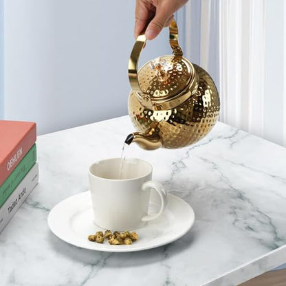 2L Hammered Tea Kettle Stovetop, Gold Tea Pot with Straine for Stove - color: Gold-2L