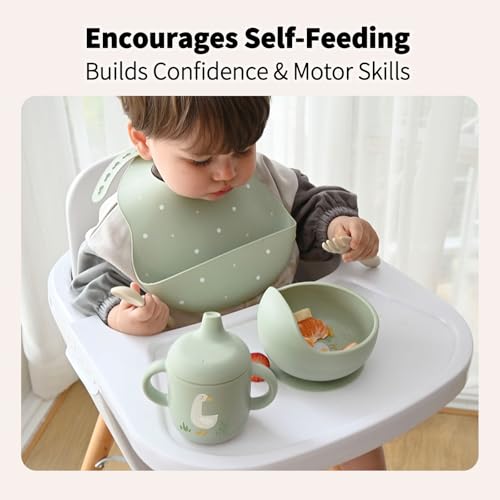 Little Rawr Baby Led Weaning Bundle, 100% Silicone Baby Feeding Set Includes Divided Plate, Suction Bowl, Straw Cup, Bib, Spoon & Fork, Develops Self Feeding Skills, Dishwasher Safe (Green) - color: Green