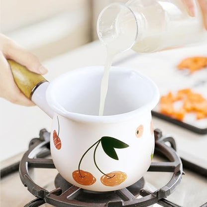 Enamel Milk Pot, Small Saucepan Butter Warmer Pot | 4 Inch 17 Oz with Wooden Handle for Heating Smaller Liquid Portions ,Handy for One Person - color: Cherry
