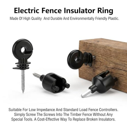 60PCS Electric Fence Insulator Screw with 1 Pcs Insulator Socket Tool, Insulators Fence Ring Post Wood Post Insulators, Screw in Ring Posts Wood Posts Electric FenceRing (Black)